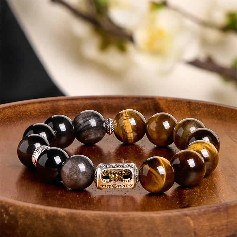 Wear FengShui Natural Silver Sheen Obsidian Tiger Eye Vajra Protection Bracelet