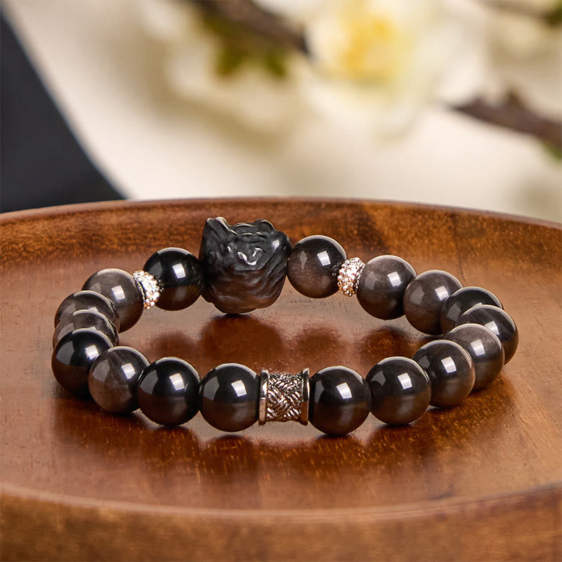 Wear FengShui Natural Silver Sheen Obsidian Lion Dance Protection Bracelet