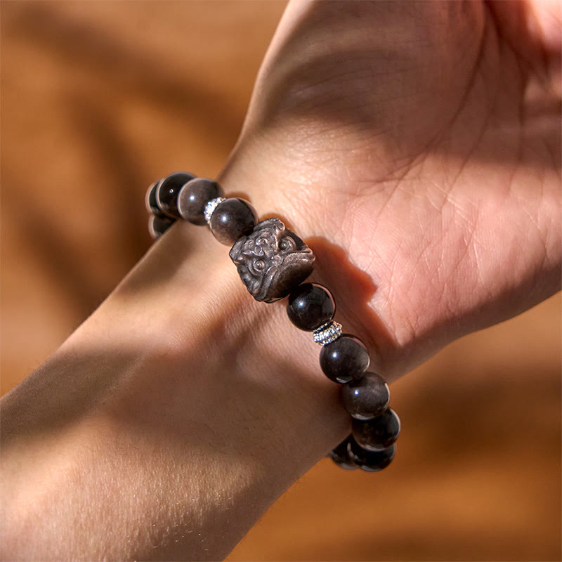 Wear FengShui Natural Silver Sheen Obsidian Lion Dance Protection Bracelet
