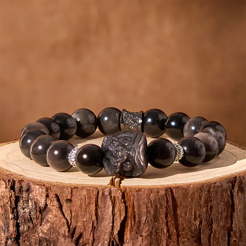 Wear FengShui Natural Silver Sheen Obsidian Lion Dance Protection Bracelet