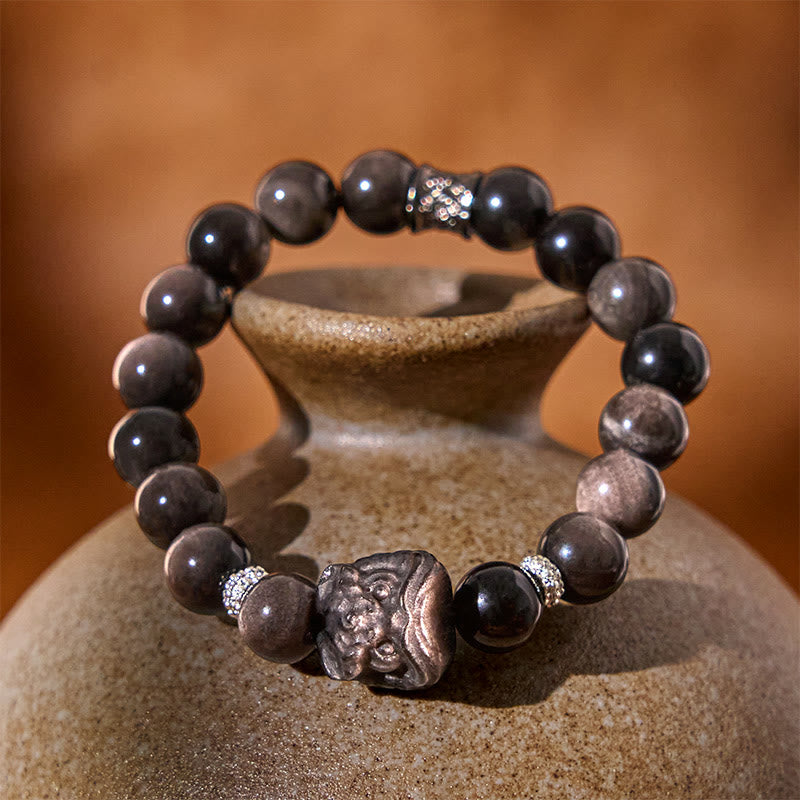 Wear FengShui Natural Silver Sheen Obsidian Lion Dance Protection Bracelet