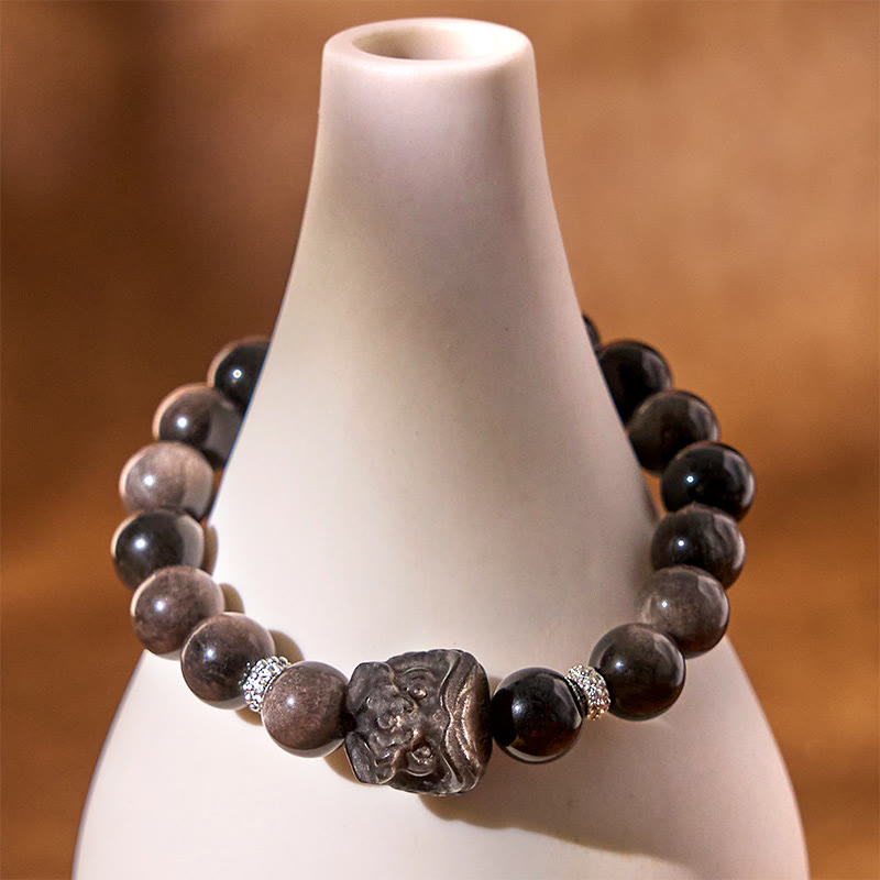 Wear FengShui Natural Silver Sheen Obsidian Lion Dance Protection Bracelet
