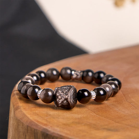 Wear FengShui Natural Silver Sheen Obsidian Lion Dance Protection Bracelet
