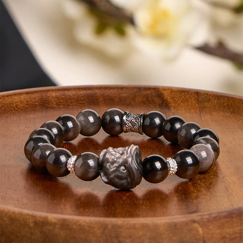 Wear FengShui Natural Silver Sheen Obsidian Lion Dance Protection Bracelet
