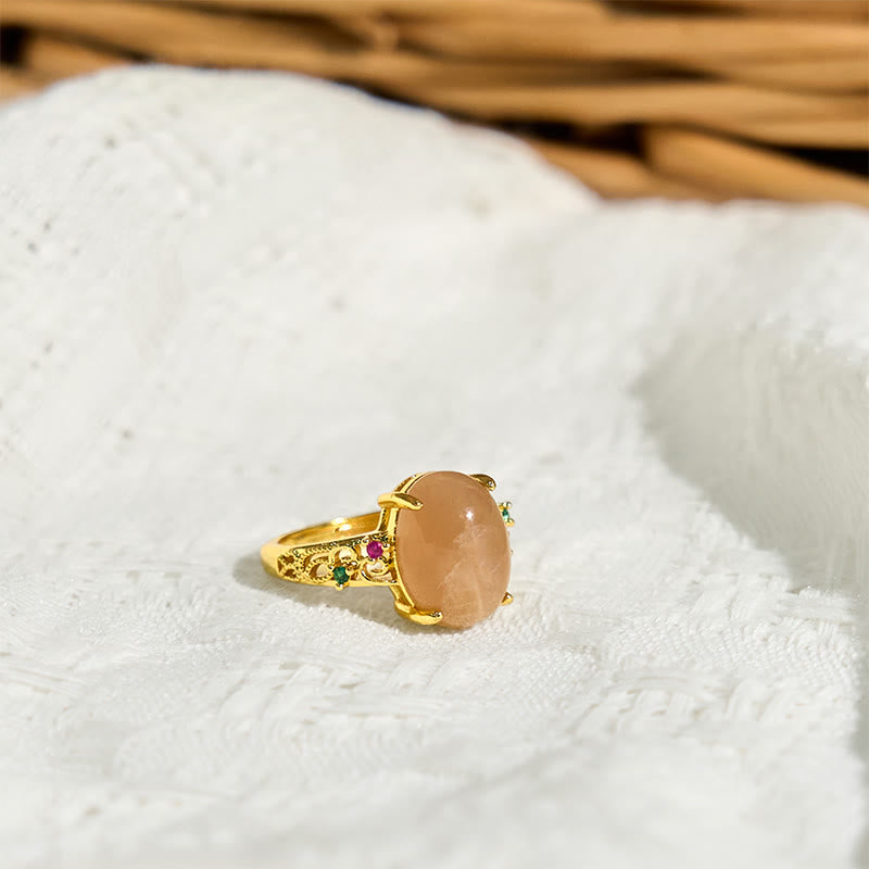 Wear FengShui Hollow Vine Design Peach Moonstone Adjustable Happiness Ring
