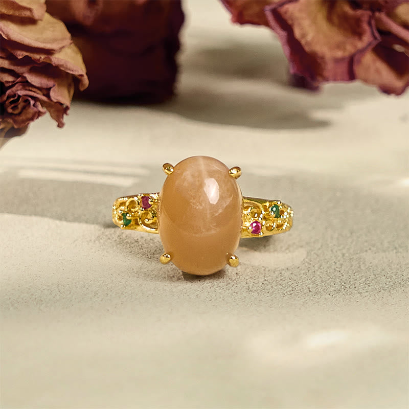 Wear FengShui Hollow Vine Design Peach Moonstone Adjustable Happiness Ring