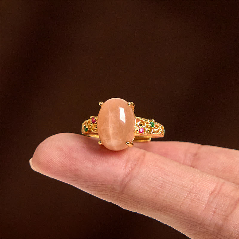 Wear FengShui Hollow Vine Design Peach Moonstone Adjustable Happiness Ring