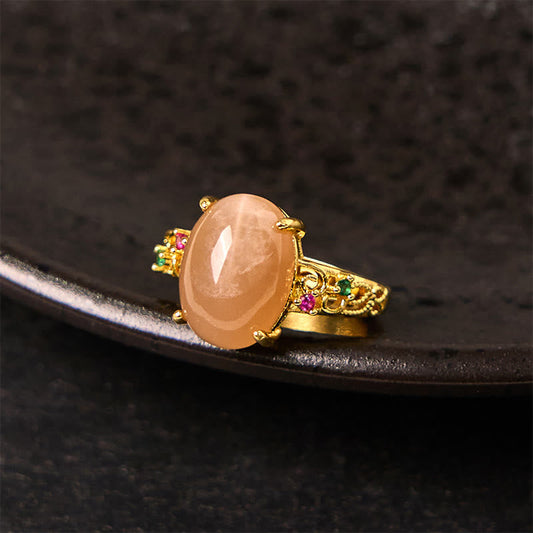 Wear FengShui Hollow Vine Design Peach Moonstone Adjustable Happiness Ring