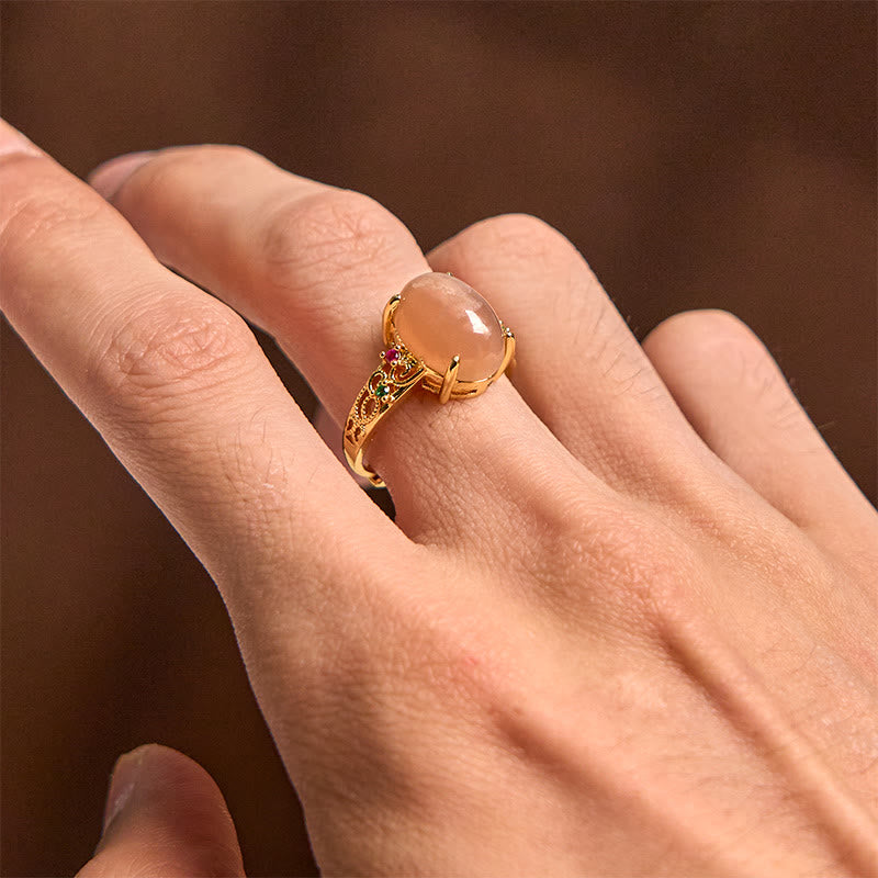 Wear FengShui Hollow Vine Design Peach Moonstone Adjustable Happiness Ring