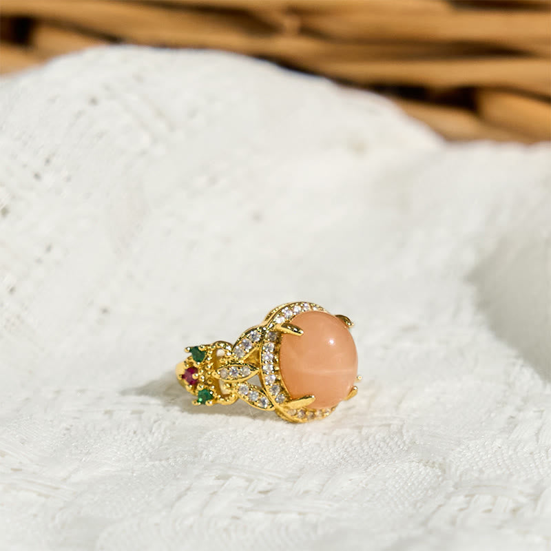 Wear FengShui Vintage Prong Setting Four Leaf Flower Design Peach Moonstone Adjustable Soothing Ring