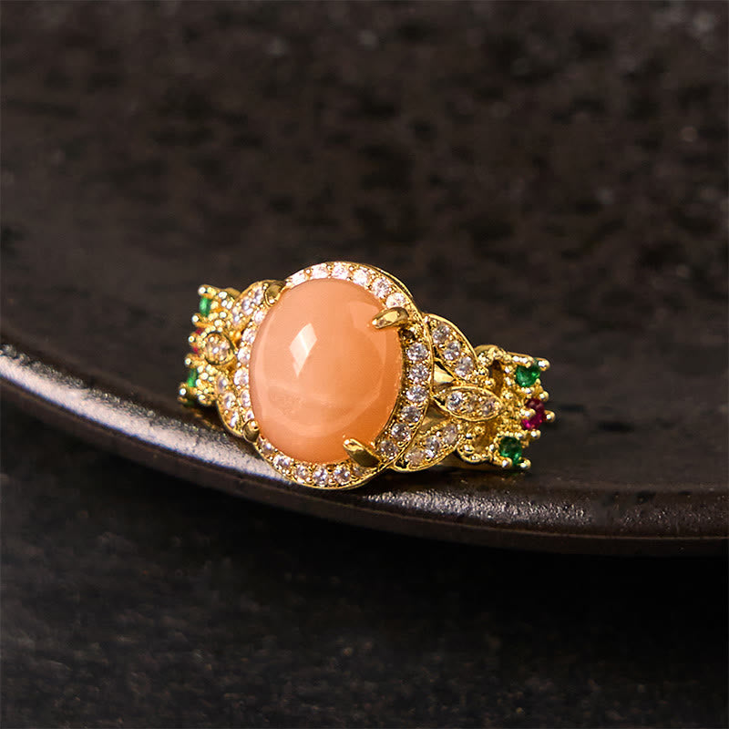 Wear FengShui Vintage Prong Setting Four Leaf Flower Design Peach Moonstone Adjustable Soothing Ring