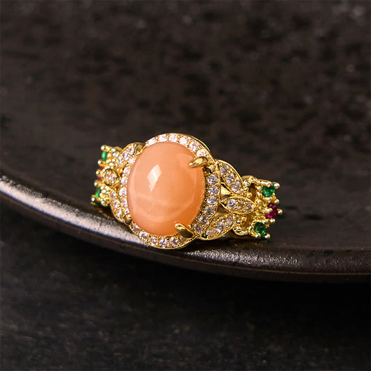 Wear FengShui Vintage Prong Setting Four Leaf Flower Design Peach Moonstone Adjustable Soothing Ring