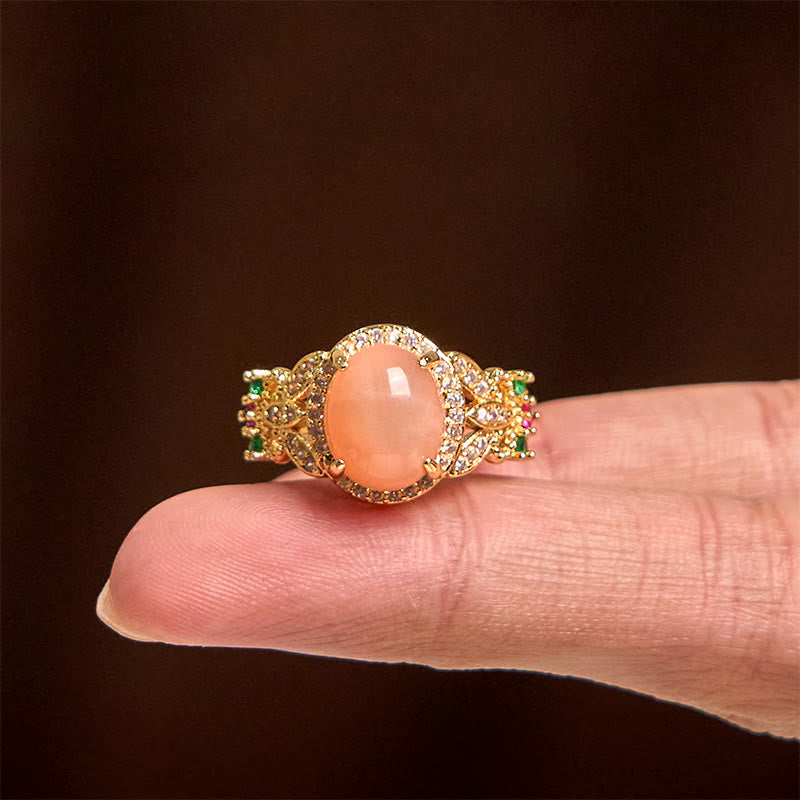 Wear FengShui Vintage Prong Setting Four Leaf Flower Design Peach Moonstone Adjustable Soothing Ring