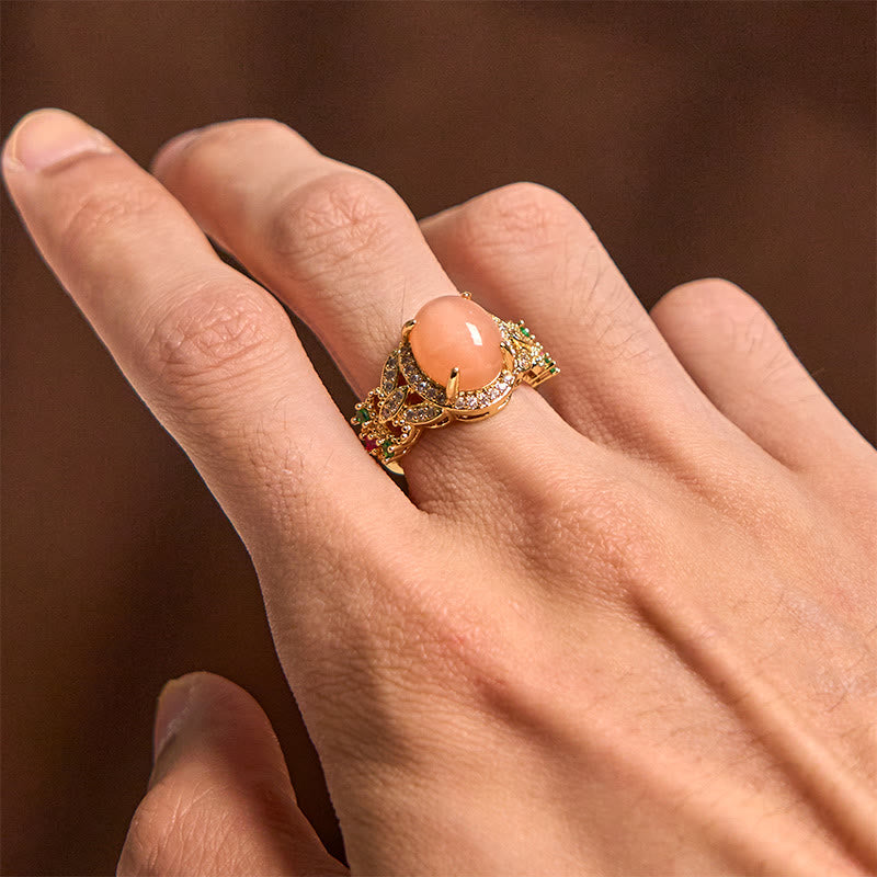 Wear FengShui Vintage Prong Setting Four Leaf Flower Design Peach Moonstone Adjustable Soothing Ring