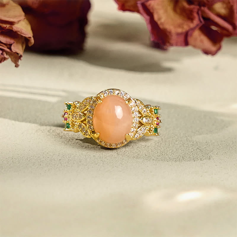 Wear FengShui Vintage Prong Setting Four Leaf Flower Design Peach Moonstone Adjustable Soothing Ring