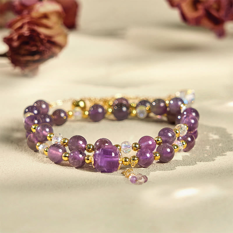 Wear FengShui Natural Amethyst Square Bead Meditation Healing Double Wrap Bracelet