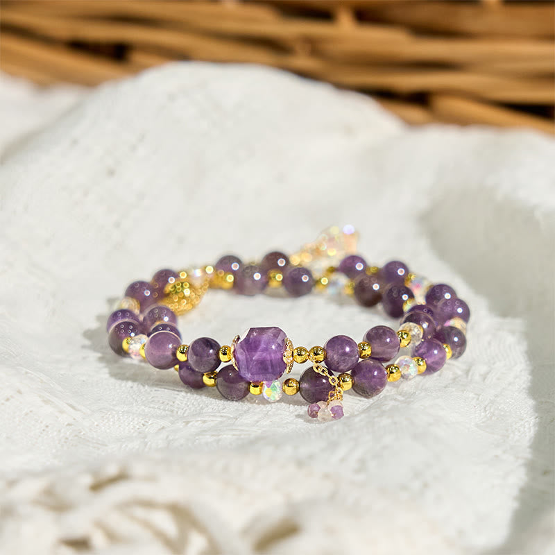Wear FengShui Natural Amethyst Square Bead Meditation Healing Double Wrap Bracelet