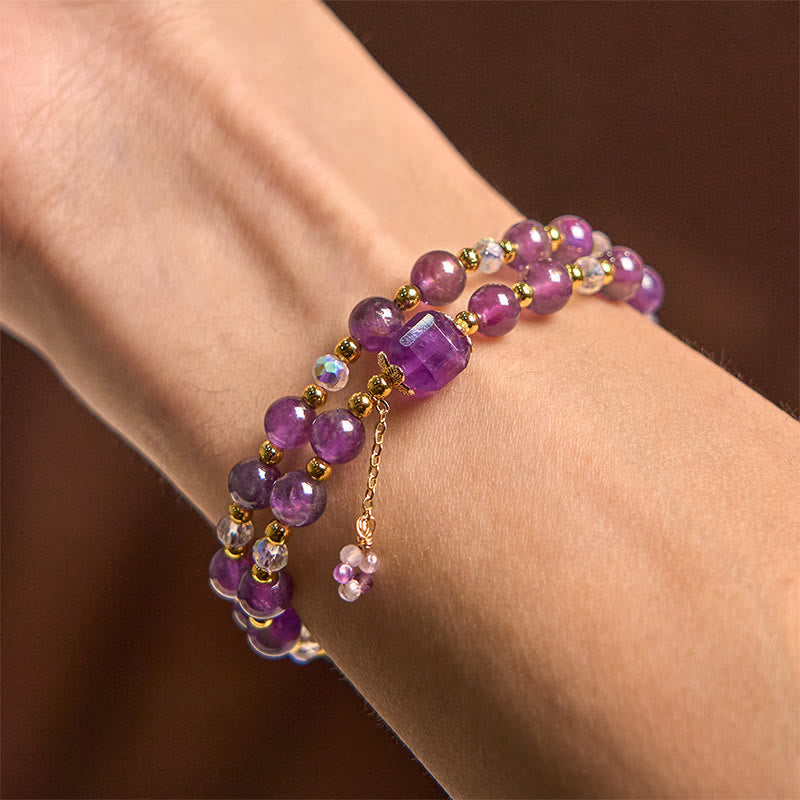 Wear FengShui Natural Amethyst Square Bead Meditation Healing Double Wrap Bracelet