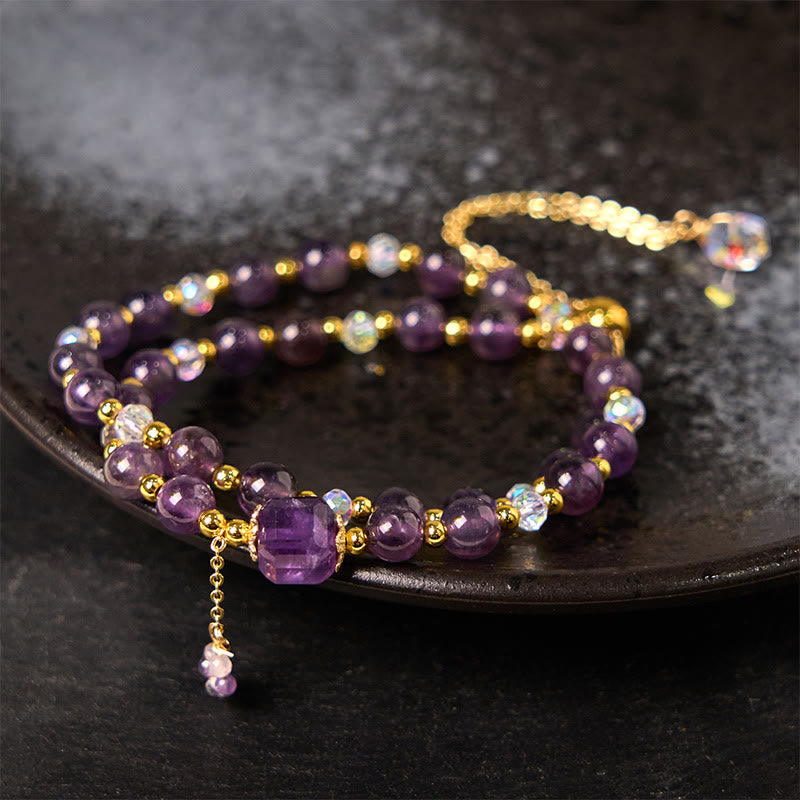 Wear FengShui Natural Amethyst Square Bead Meditation Healing Double Wrap Bracelet