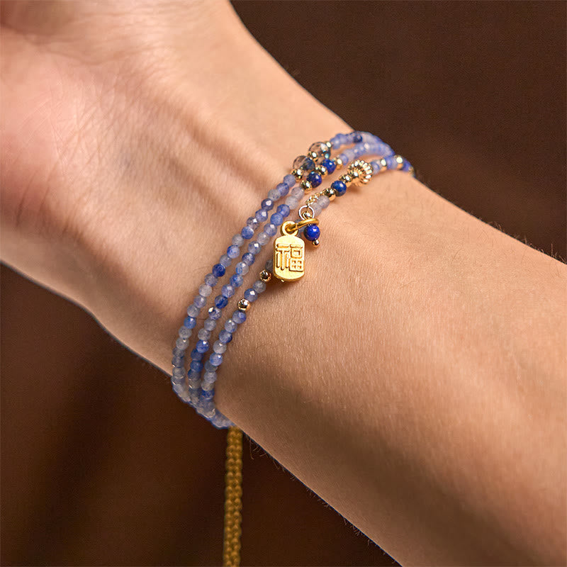 Wear FengShui 3mm Ultra-thin Beads Natural Lazurite Triple Wrap Fu Character Positive Bracelet