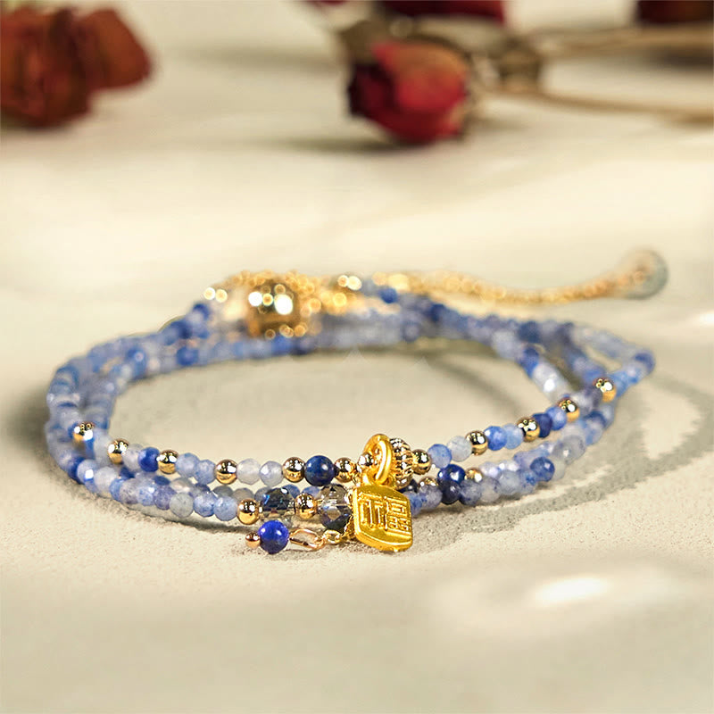 Wear FengShui 3mm Ultra-thin Beads Natural Lazurite Triple Wrap Fu Character Positive Bracelet