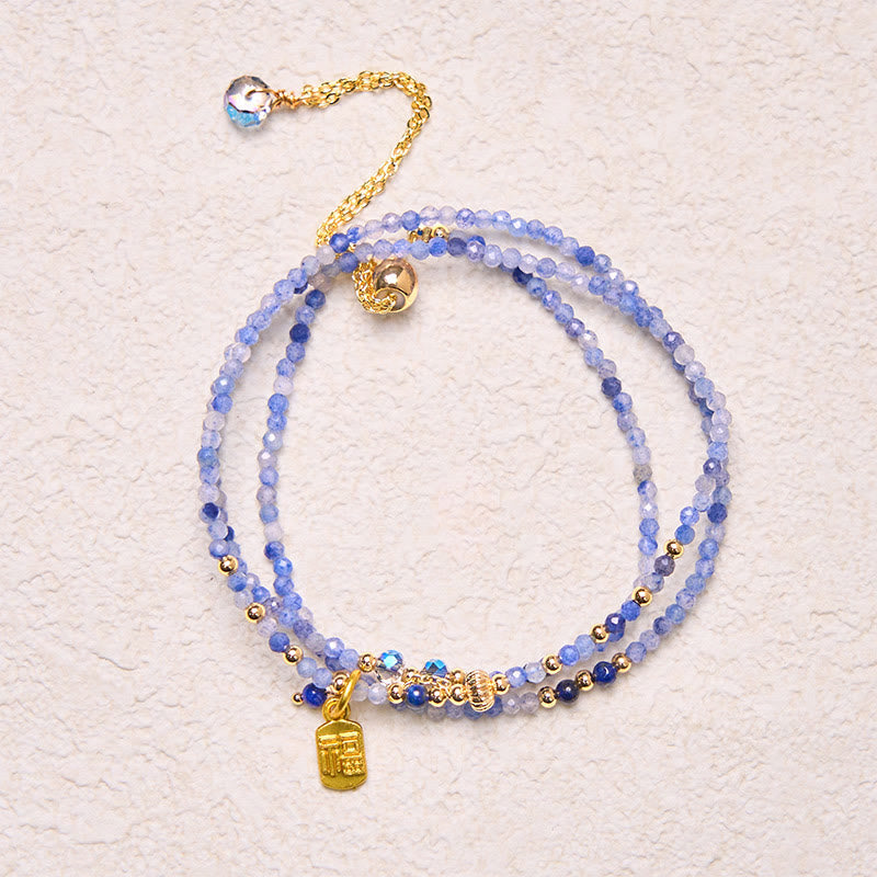 Wear FengShui 3mm Ultra-thin Beads Natural Lazurite Triple Wrap Fu Character Positive Bracelet