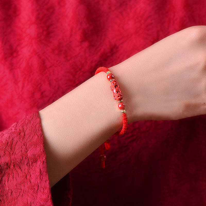 Wear FengShui Handcrafted Pixiu Cinnabar Ruyi Stick Wealth Luck Braided Bracelet