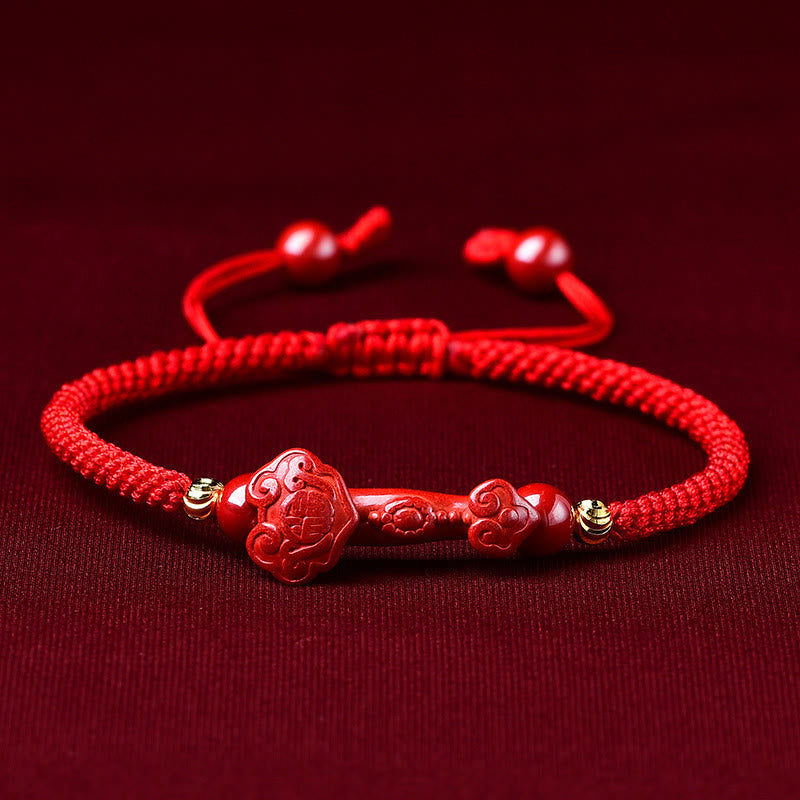 Wear FengShui Handcrafted Pixiu Cinnabar Ruyi Stick Wealth Luck Braided Bracelet