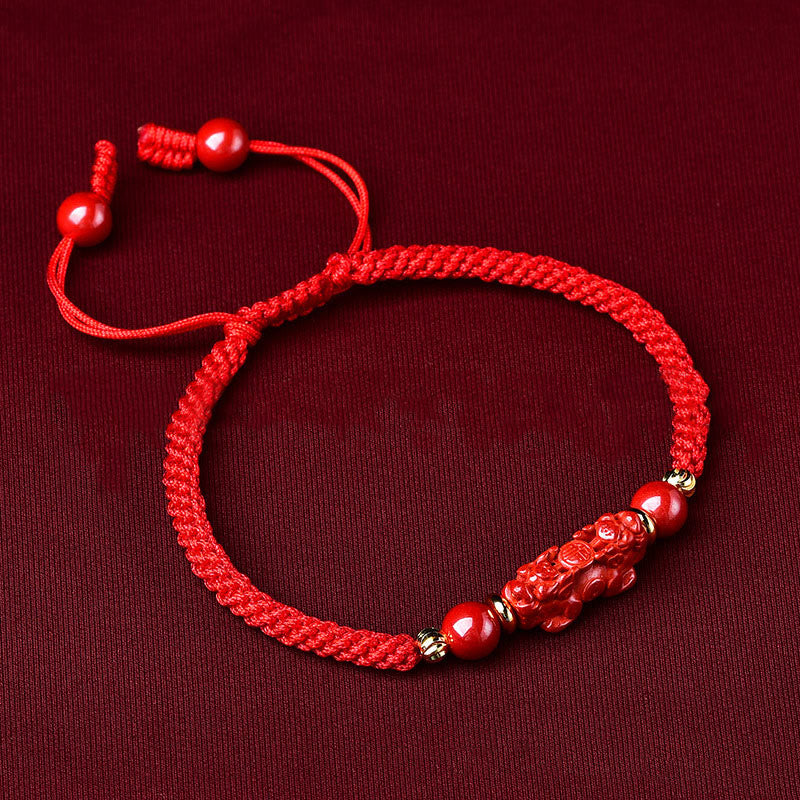 Wear FengShui Handcrafted Pixiu Cinnabar Ruyi Stick Wealth Luck Braided Bracelet