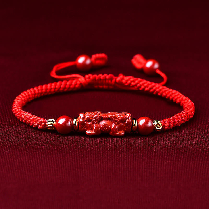 Wear FengShui Handcrafted Pixiu Cinnabar Ruyi Stick Wealth Luck Braided Bracelet
