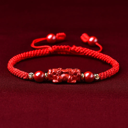 Wear FengShui Handcrafted Pixiu Cinnabar Ruyi Stick Wealth Luck Braided Bracelet