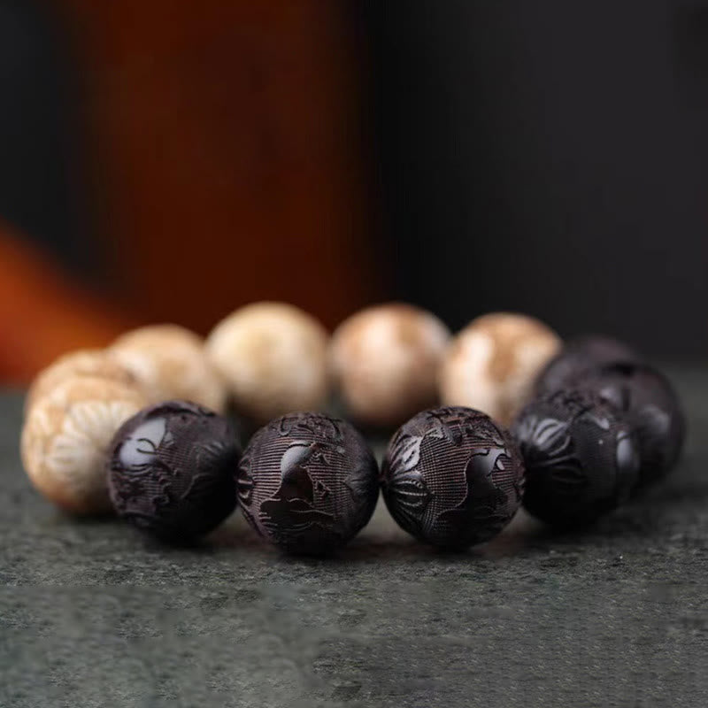 Wear FengShui Ebony Wood Camphor Wood Yin Yang Ox Engraved Peace Bracelet