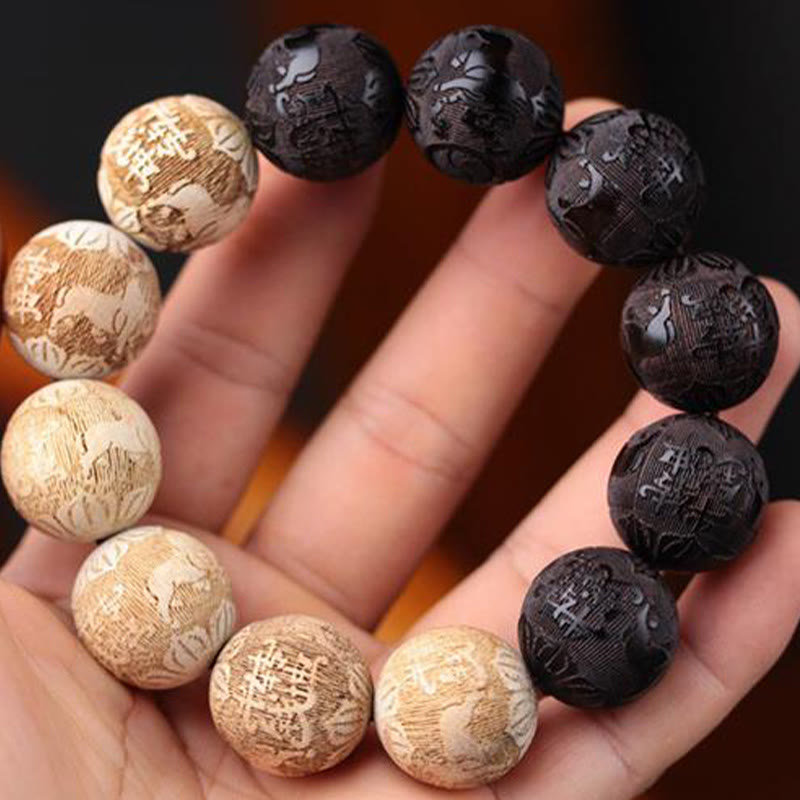 Wear FengShui Ebony Wood Camphor Wood Yin Yang Ox Engraved Peace Bracelet