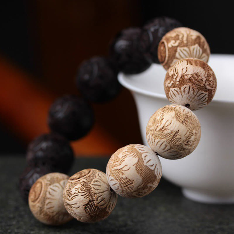 Wear FengShui Ebony Wood Camphor Wood Yin Yang Ox Engraved Peace Bracelet