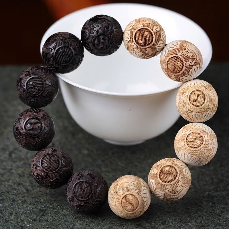 Wear FengShui Ebony Wood Camphor Wood Yin Yang Ox Engraved Peace Bracelet