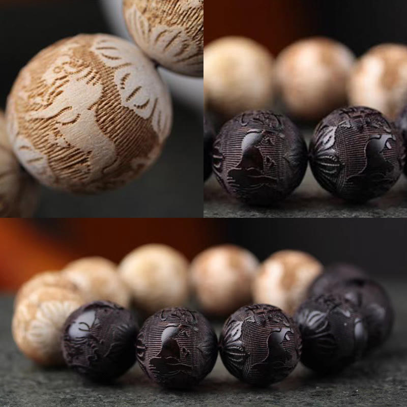 Wear FengShui Ebony Wood Camphor Wood Yin Yang Ox Engraved Peace Bracelet