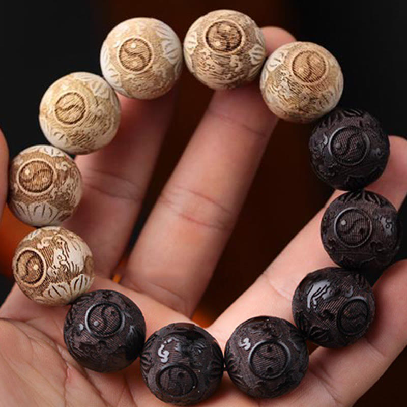 Wear FengShui Ebony Wood Camphor Wood Yin Yang Ox Engraved Peace Bracelet