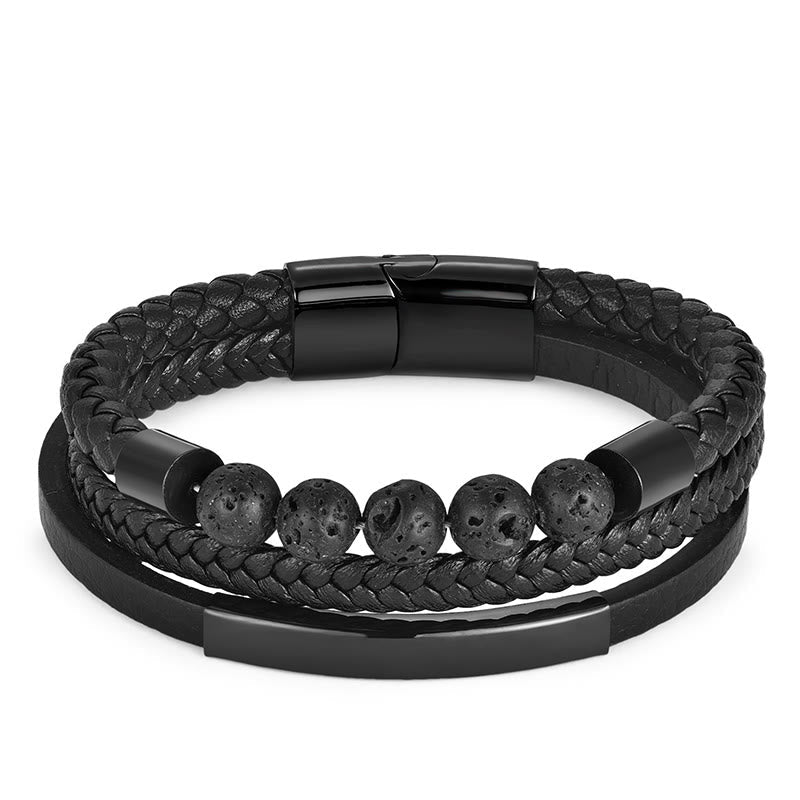Wear FengShui Leather Titanium Steel Lava Rock Strengthen Buckle Bracelet