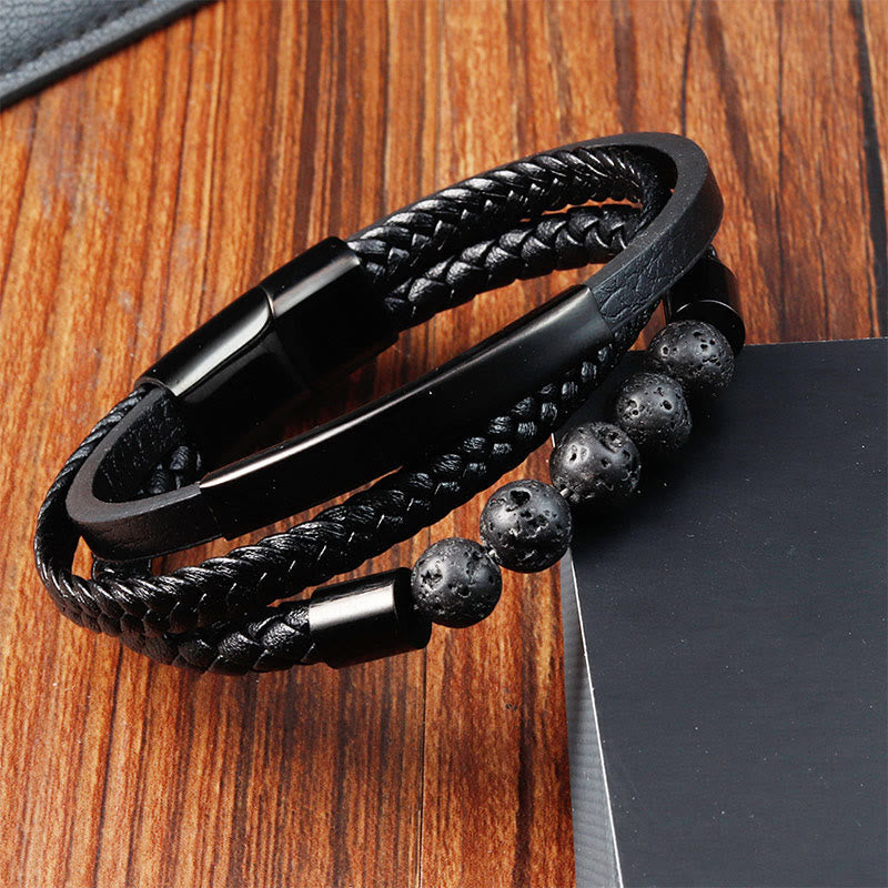 Wear FengShui Leather Titanium Steel Lava Rock Strengthen Buckle Bracelet