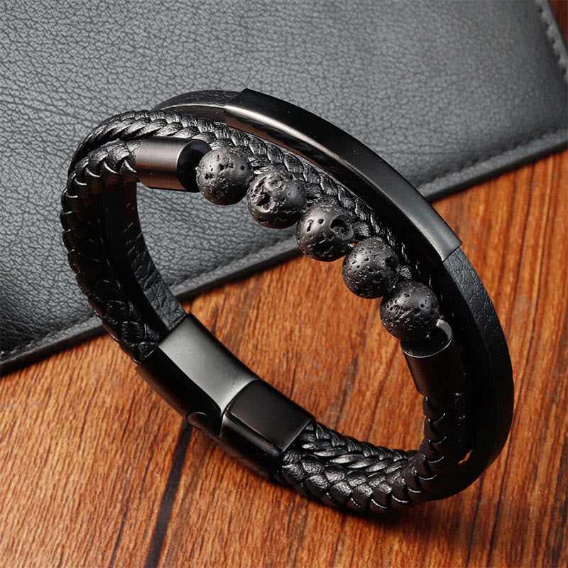Wear FengShui Leather Titanium Steel Lava Rock Strengthen Buckle Bracelet