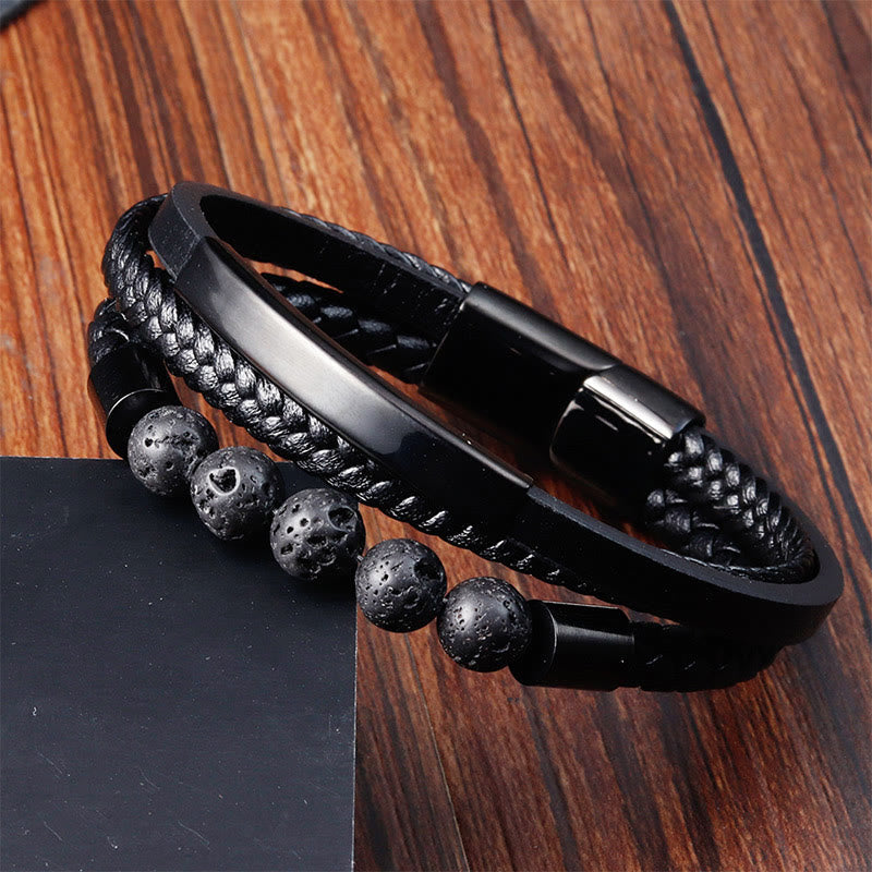 Wear FengShui Leather Titanium Steel Lava Rock Strengthen Buckle Bracelet