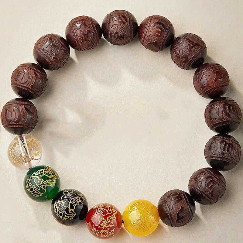 Wear FengShui Small Leaf Red Sandalwood Five Directions Gods of Wealth Calm Bracelet
