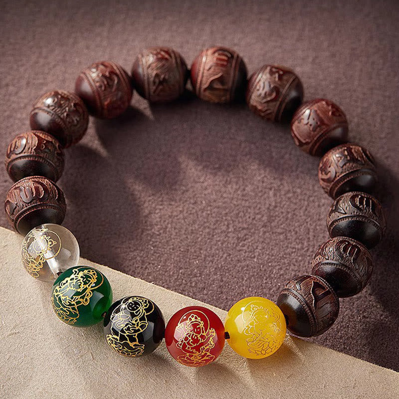 Wear FengShui Small Leaf Red Sandalwood Five Directions Gods of Wealth Calm Bracelet