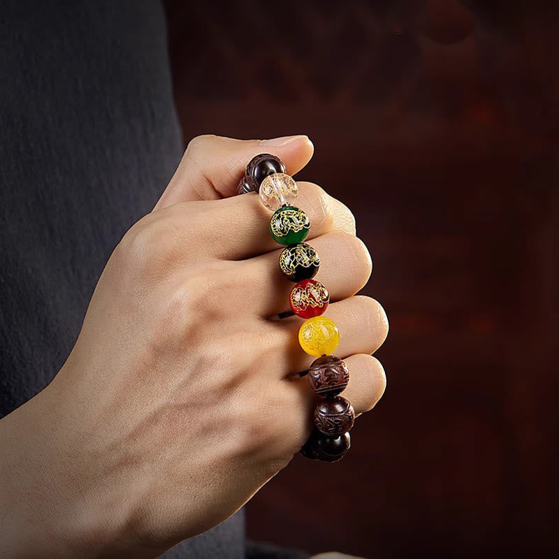 Wear FengShui Small Leaf Red Sandalwood Five Directions Gods of Wealth Calm Bracelet