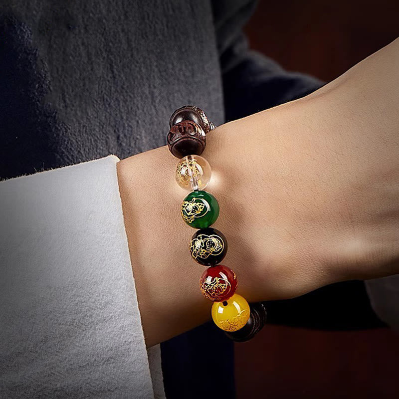 Wear FengShui Small Leaf Red Sandalwood Five Directions Gods of Wealth Calm Bracelet