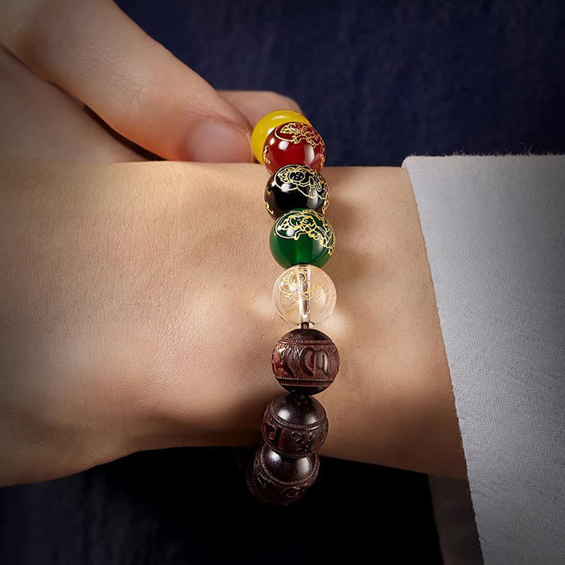 Wear FengShui Small Leaf Red Sandalwood Five Directions Gods of Wealth Calm Bracelet