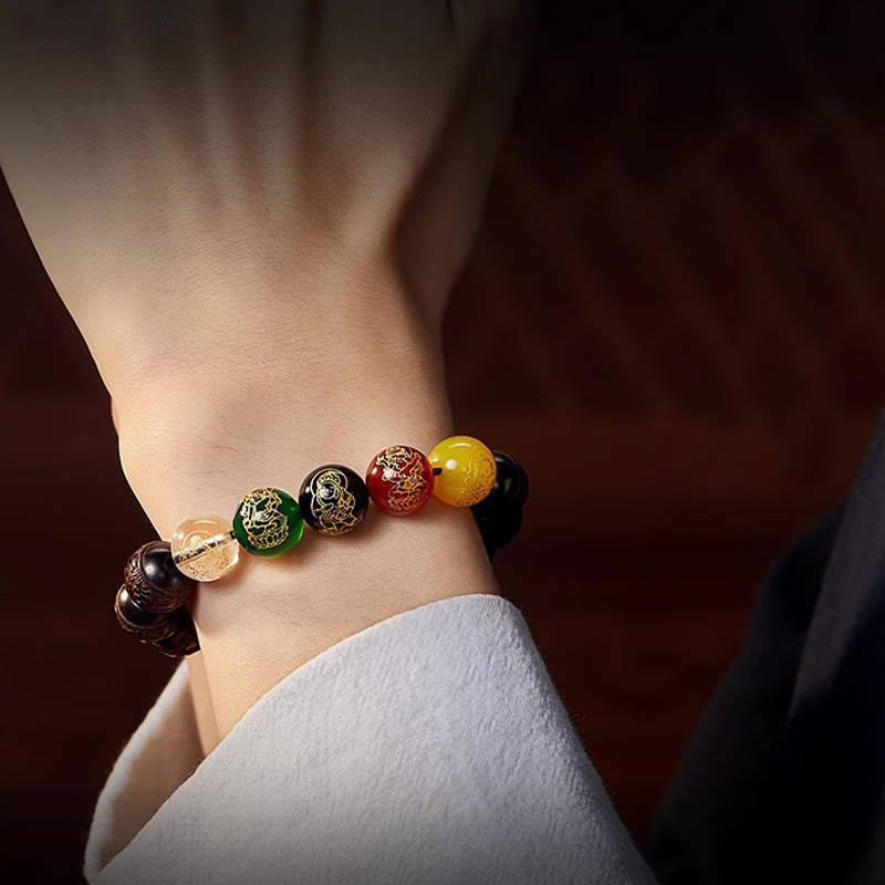Wear FengShui Small Leaf Red Sandalwood Five Directions Gods of Wealth Calm Bracelet