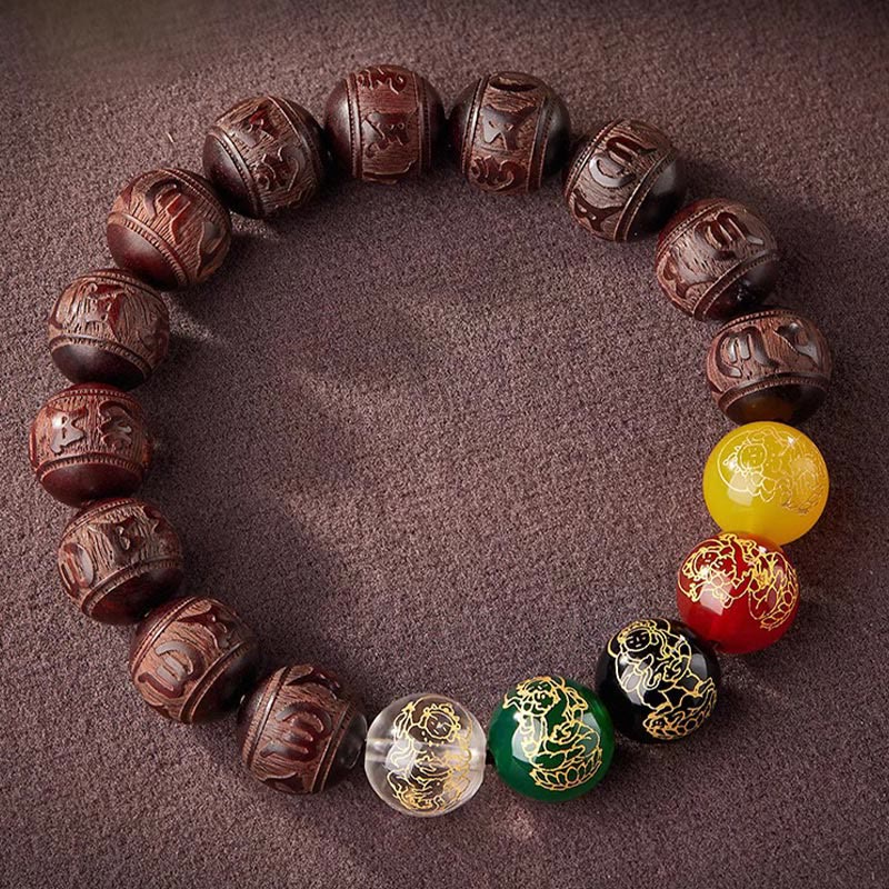 Wear FengShui Small Leaf Red Sandalwood Five Directions Gods of Wealth Calm Bracelet
