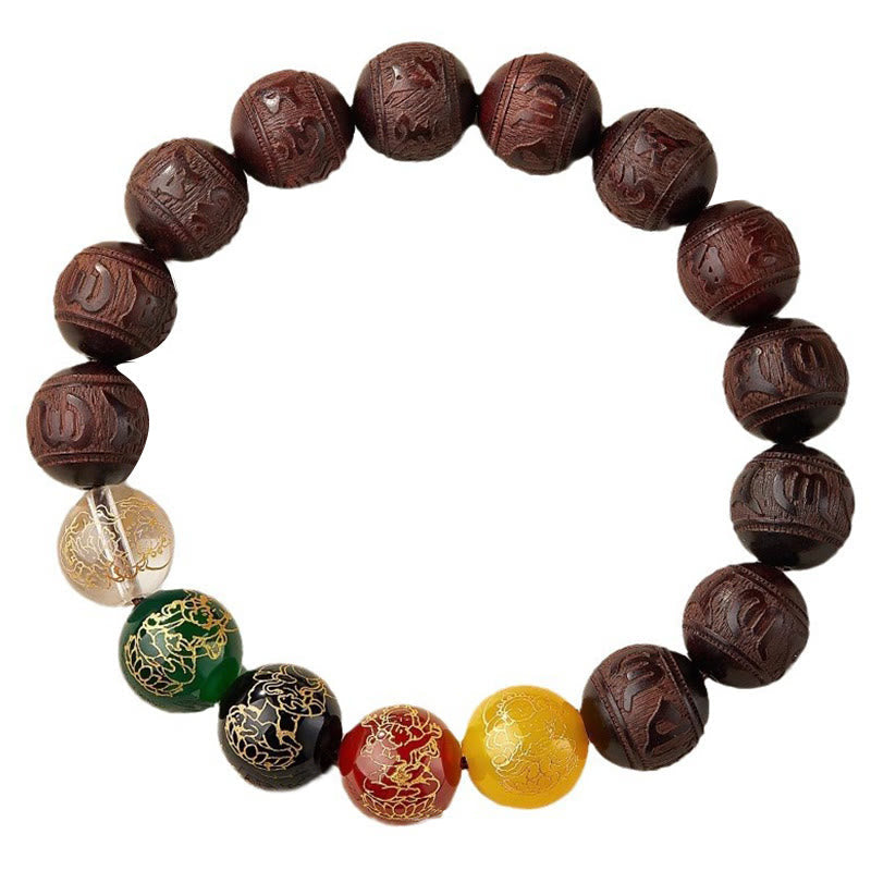 Wear FengShui Small Leaf Red Sandalwood Five Directions Gods of Wealth Calm Bracelet