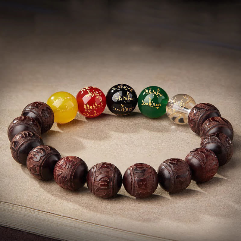 Wear FengShui Small Leaf Red Sandalwood Five Directions Gods of Wealth Calm Bracelet